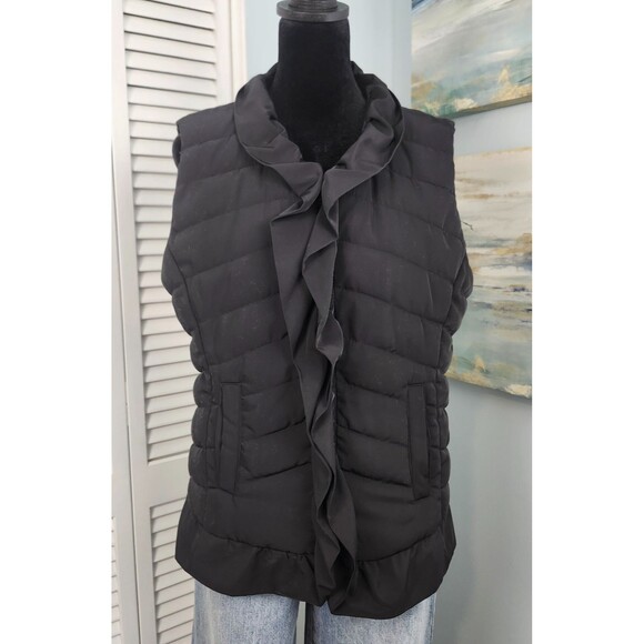 CHARLIE PAIGE Black Quilted Puffer Vest. Ruffle Front  Zip Women's Size Small - Picture 1 of 9